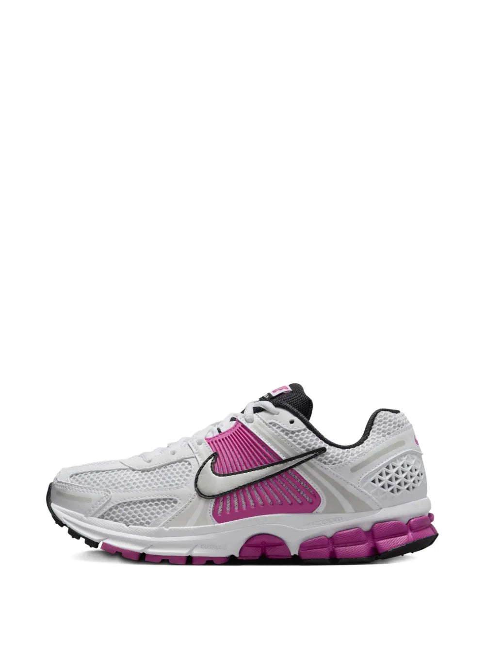 Nike Zoom Vomero 5 running shoe, side view with pink swoosh and overlays, lace-up