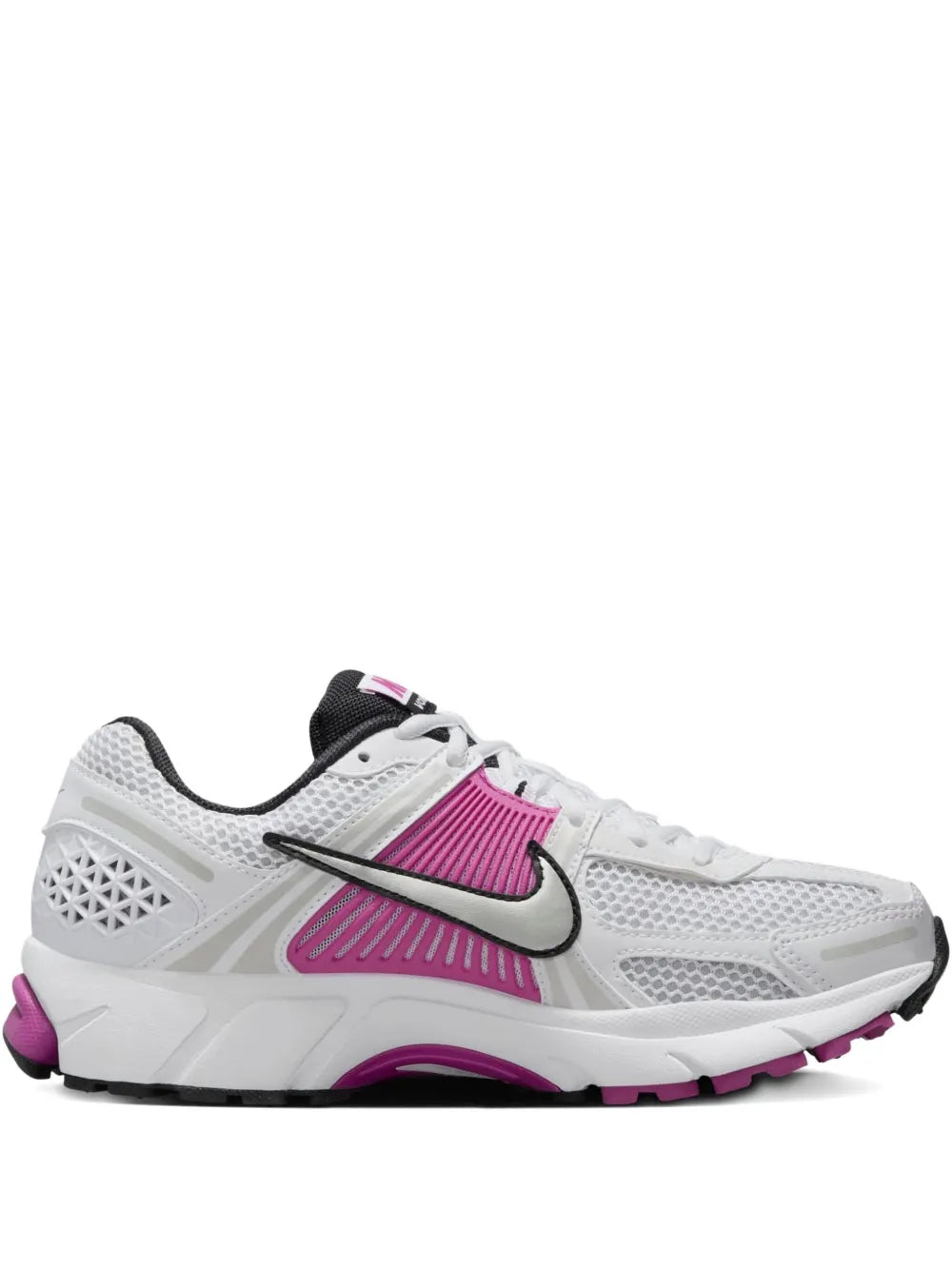 Nike Zoom Vomero 5 running shoe, white mesh with pink overlays, lace-up