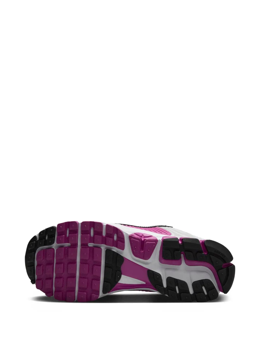 Nike Zoom Vomero 5 outsole view, black tread with purple-pink sidewall and cushioning