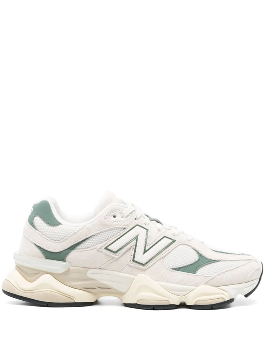New Balance 9060 lace-up sneakers in off-white with green accents and N logo