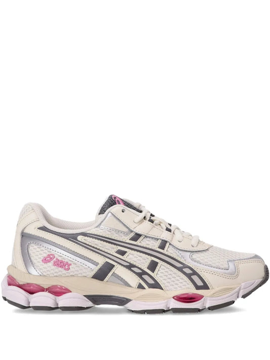 ASICS Gel-Nyc sneakers in white with black stripes and pink heel accents