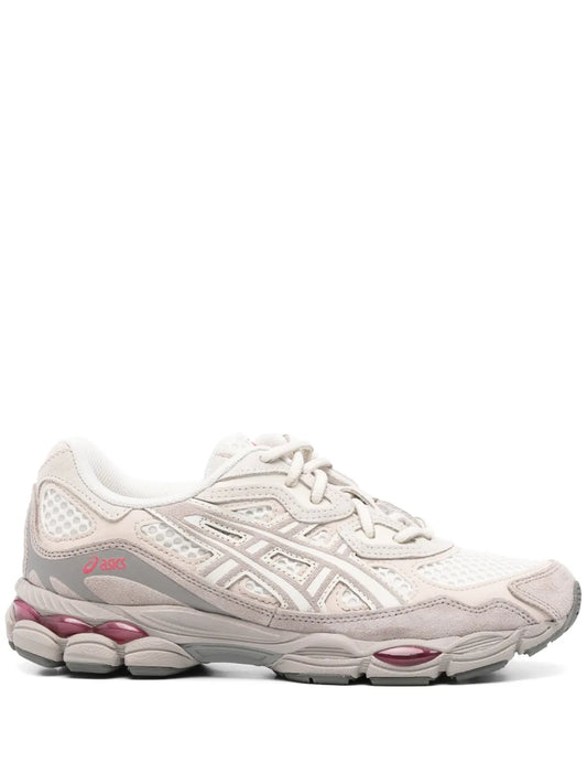 ASICS Gel-Nyc beige lace-up running sneaker with gel cushioning and pink accents
