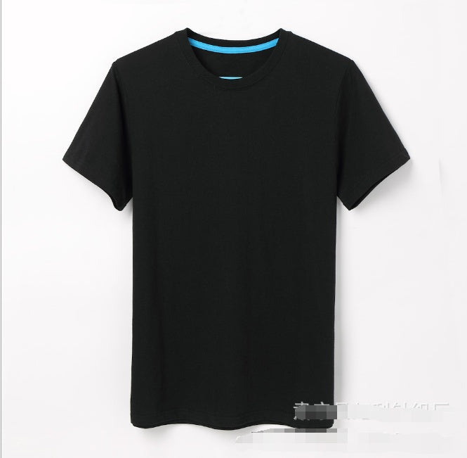 Men’s crew-neck black T-shirt with short sleeves and turquoise-trim collar