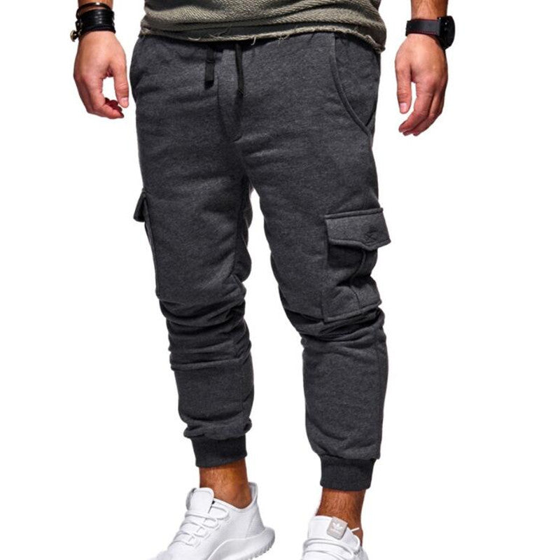 Men's cargo sweatpants, dark grey with drawstring, side cargo pockets, cuffed hems