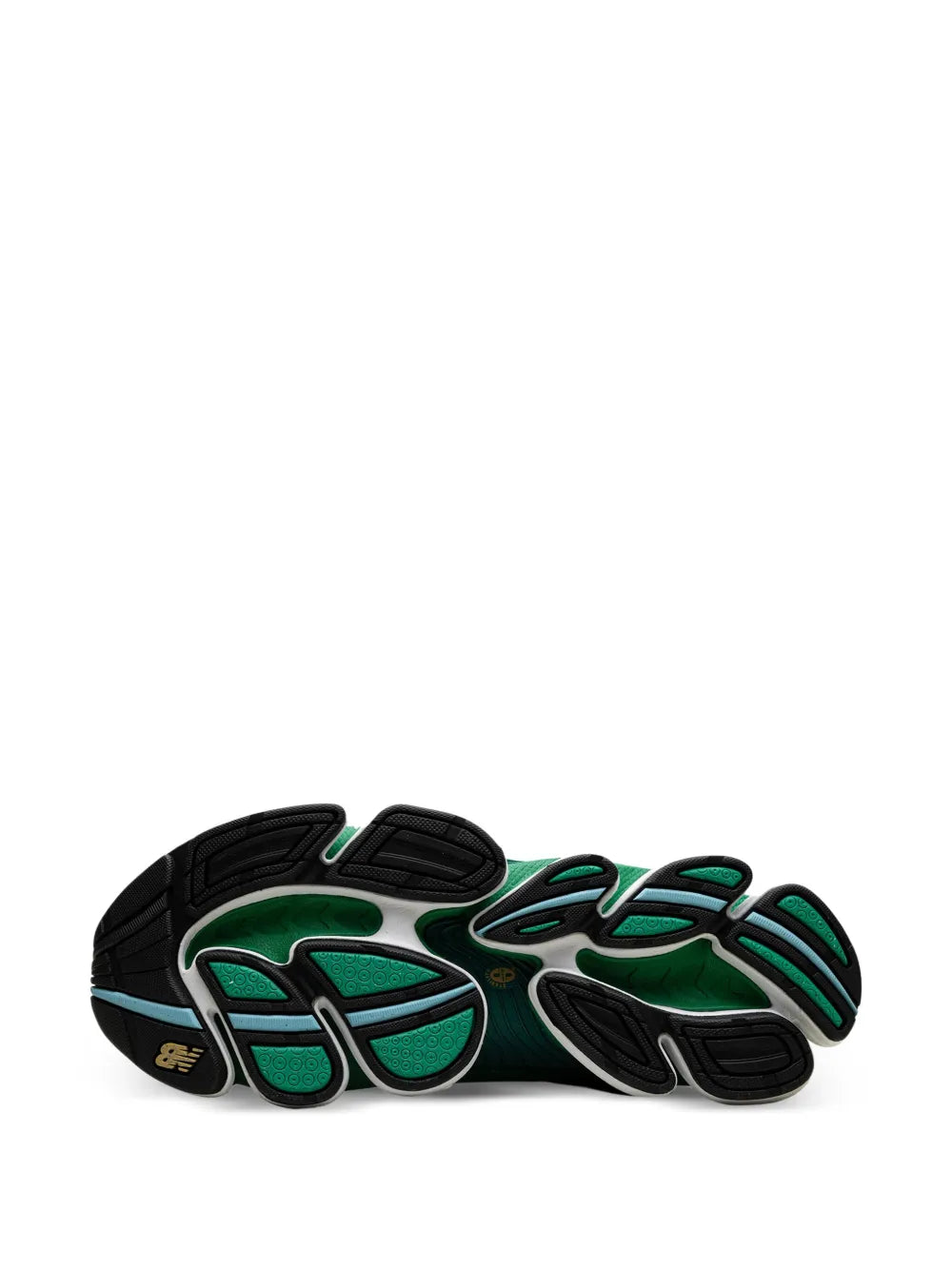 Green and black sneaker outsole with tread pattern and New Balance branding