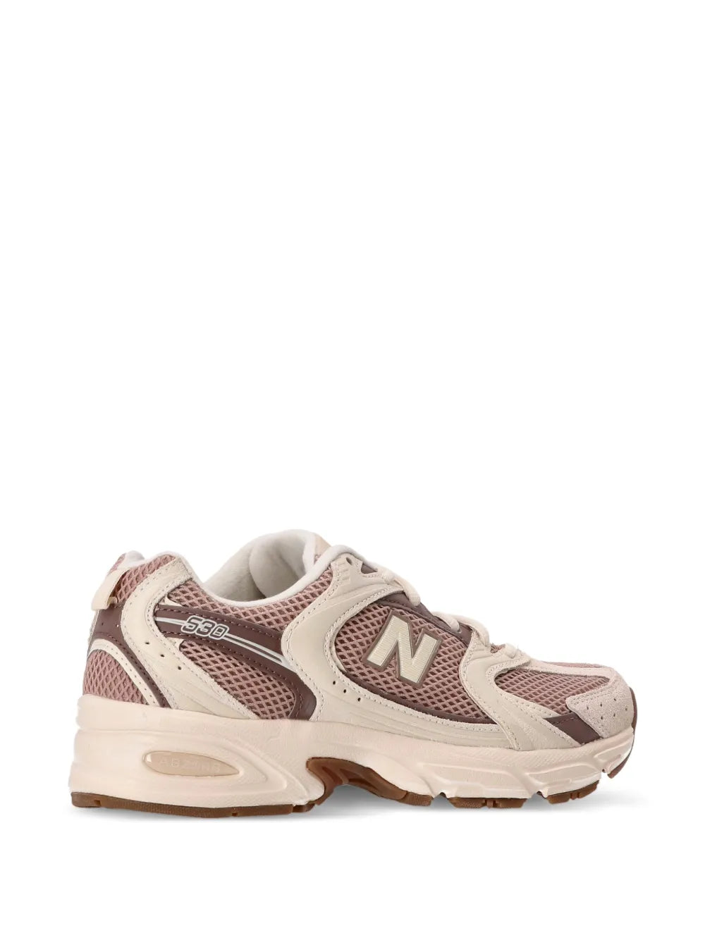 New Balance 530 sneaker with cream upper, mauve mesh, padded collar, lace-up