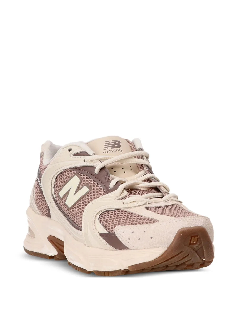 New Balance 530 lace-up trainers with cream mesh panels, mauve overlays, side N logo