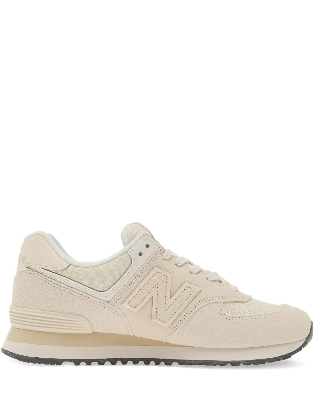 New Balance 574 beige lace-up low-top sneaker with N logo and rubber sole