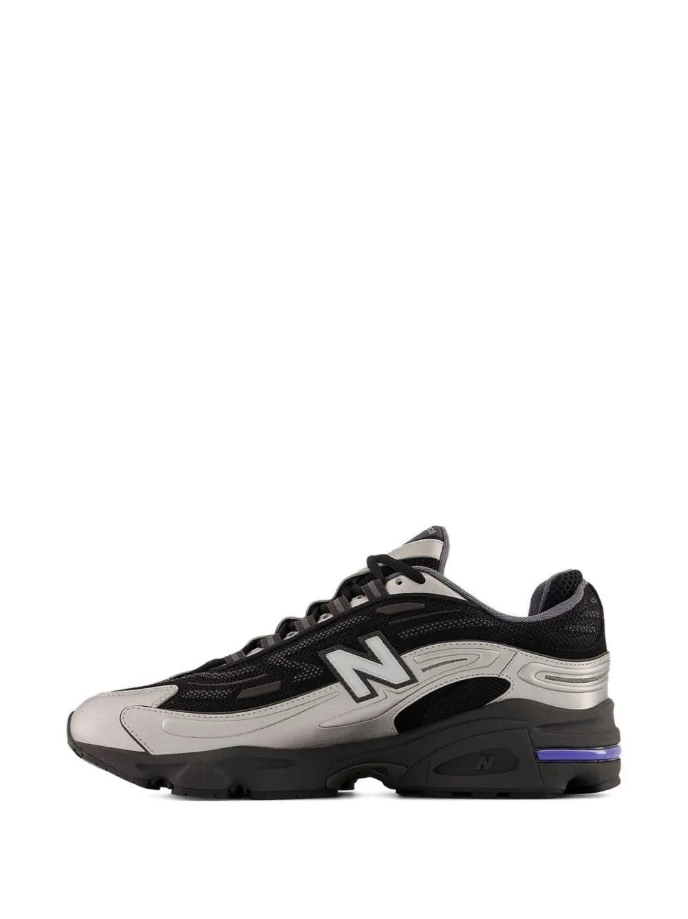 New Balance 1000 black, gray, and white sneakers, side profile with N logo and tread sole
