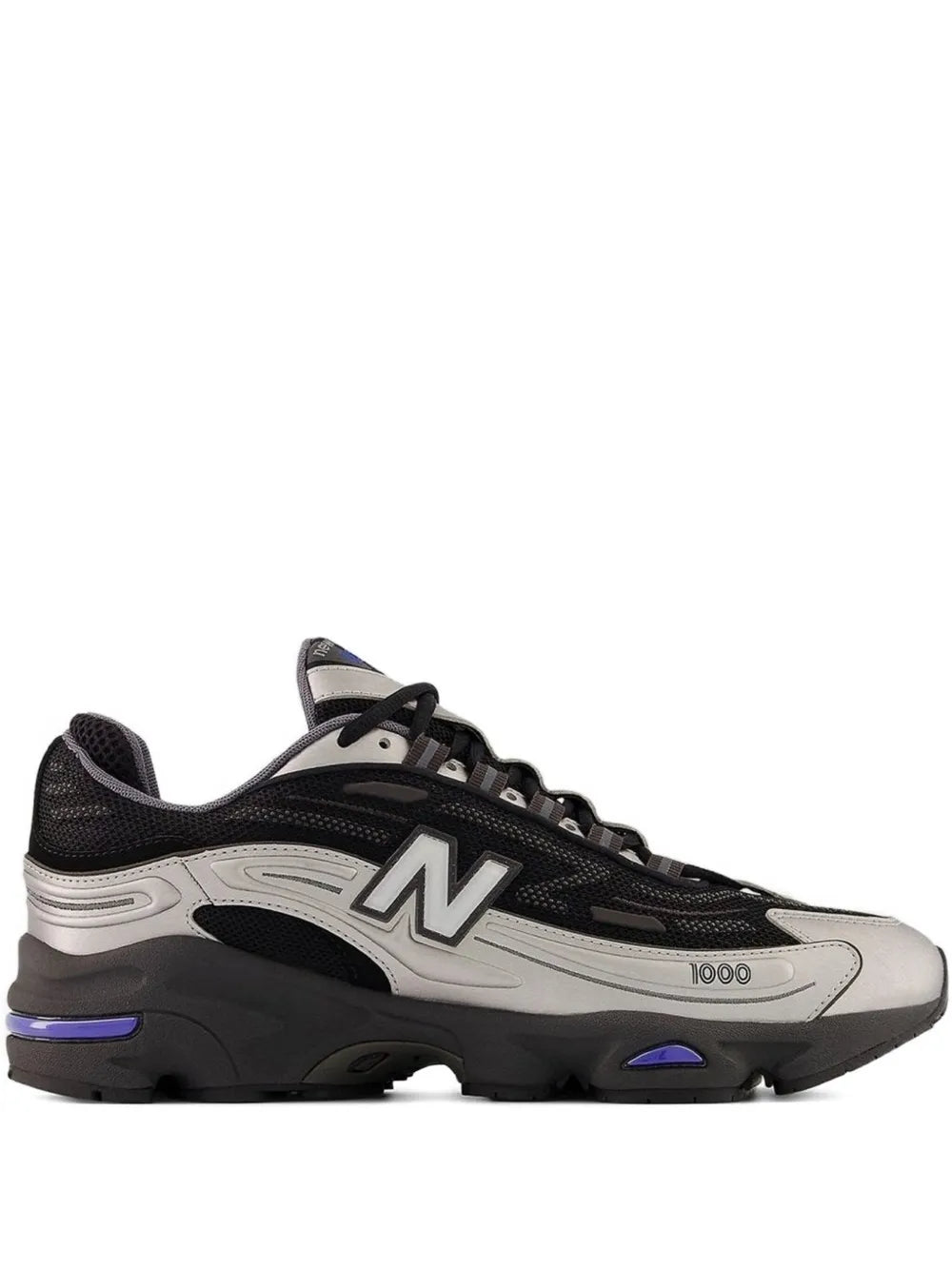 New Balance 1000 black-and-gray sneakers with N logo, lace-up, chunky rubber sole