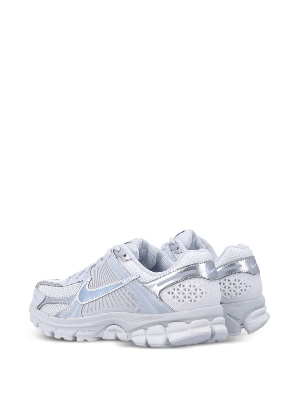 Nike Zoom Vomero 5 running shoe, rear three-quarter view, white and pale blue