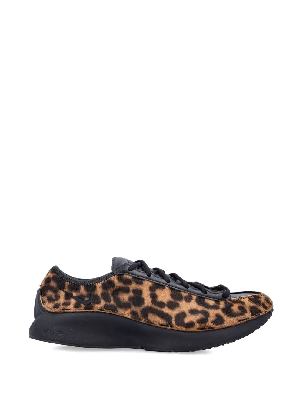 Nike low-top sneaker with brown leopard-print upper and black laces