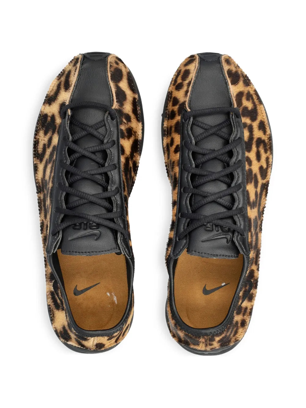 Nike leopard-print lace-up sneaker with black mesh tongue and tan insole