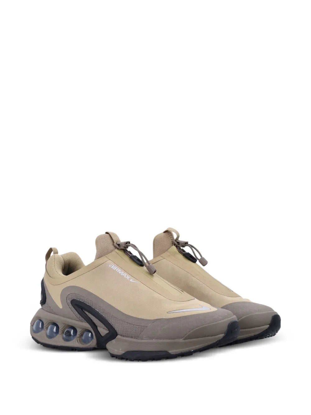 Beige Nike lace-up sneaker, side view with chunky sole and air pods