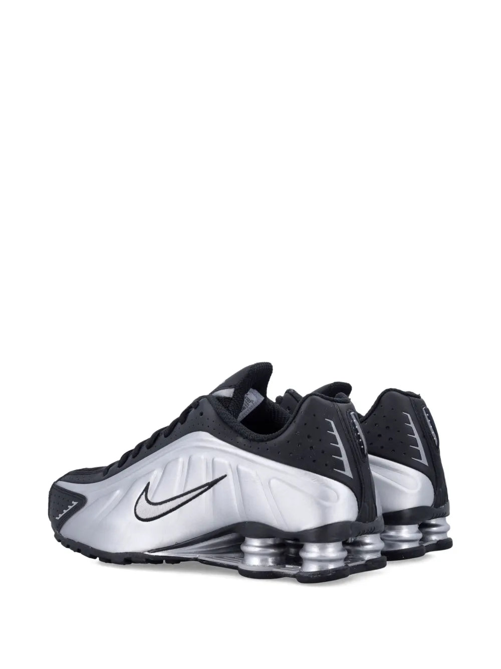 Black and metallic silver lace-up trainers with swoosh and cushioned heel air pods