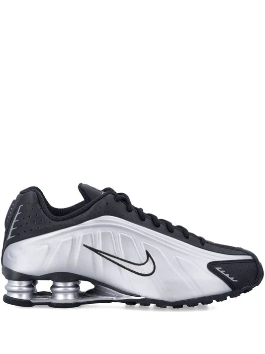 Nike Shox metallic trainers in black and metallic silver, lace-up with visible air pods