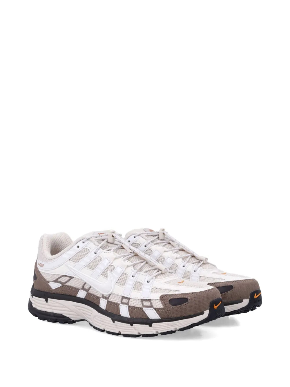 White lace-up panelled trainers with brown checkered overlays and chunky black sole