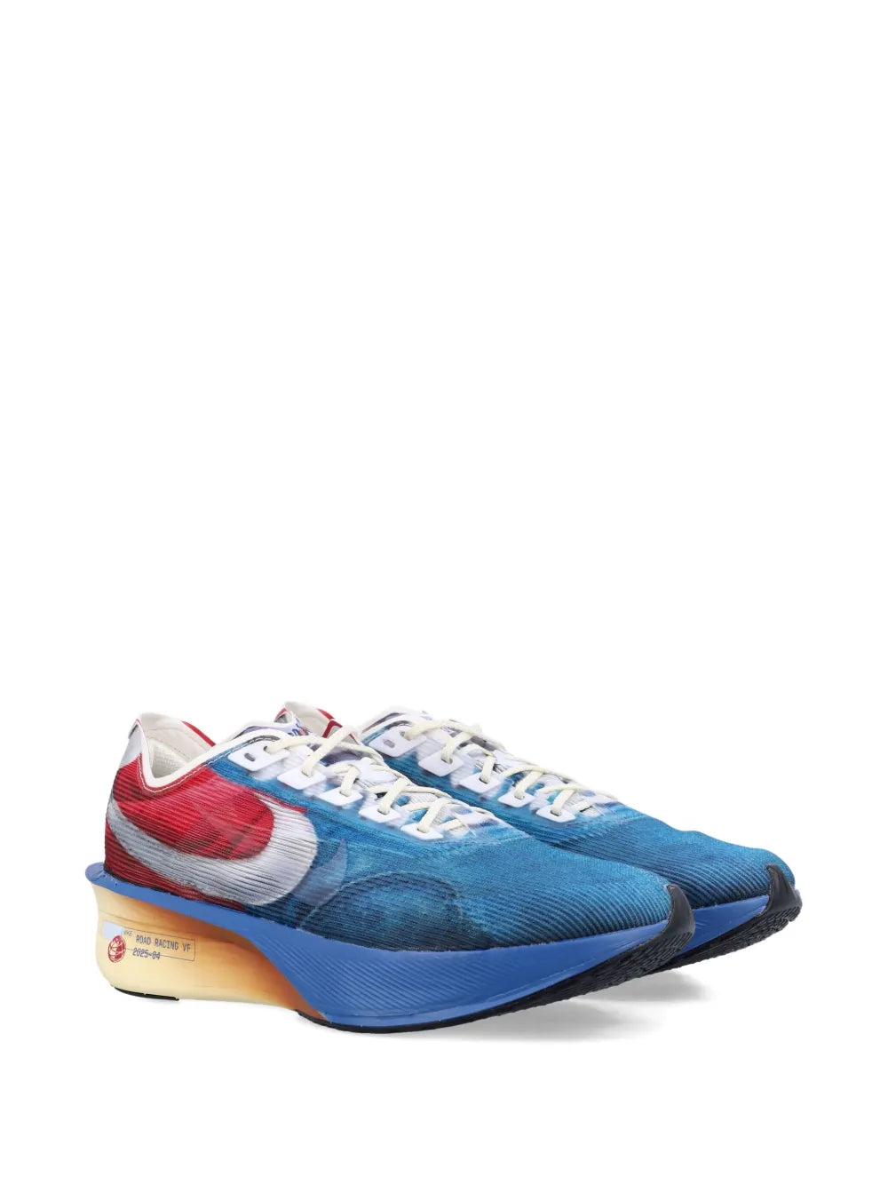 Blue running shoe with red and silver Nike-style swoosh, white lace-up
