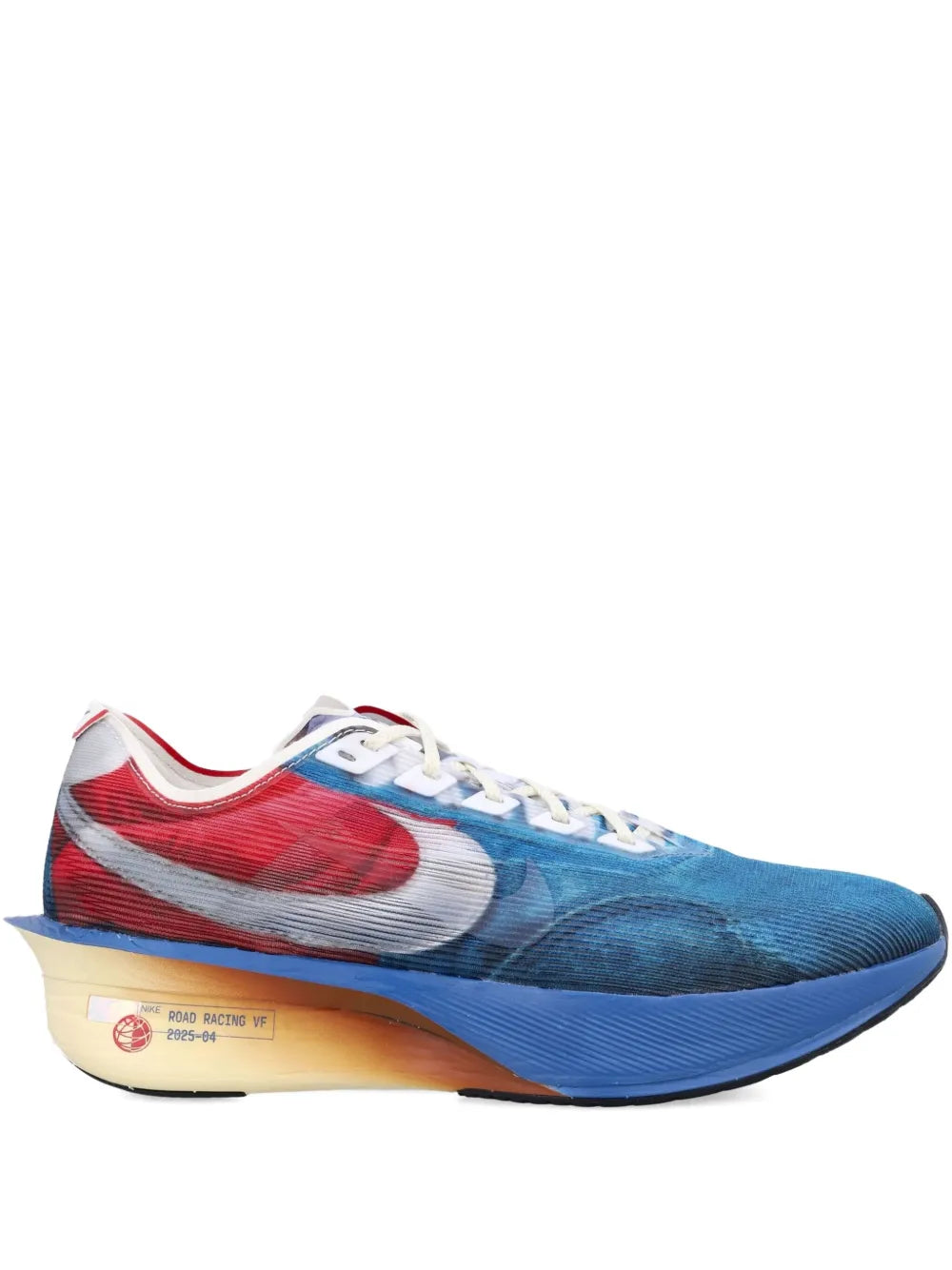 Nike Vaporfly 4 running shoe in blue with red and silver swoosh, white laces