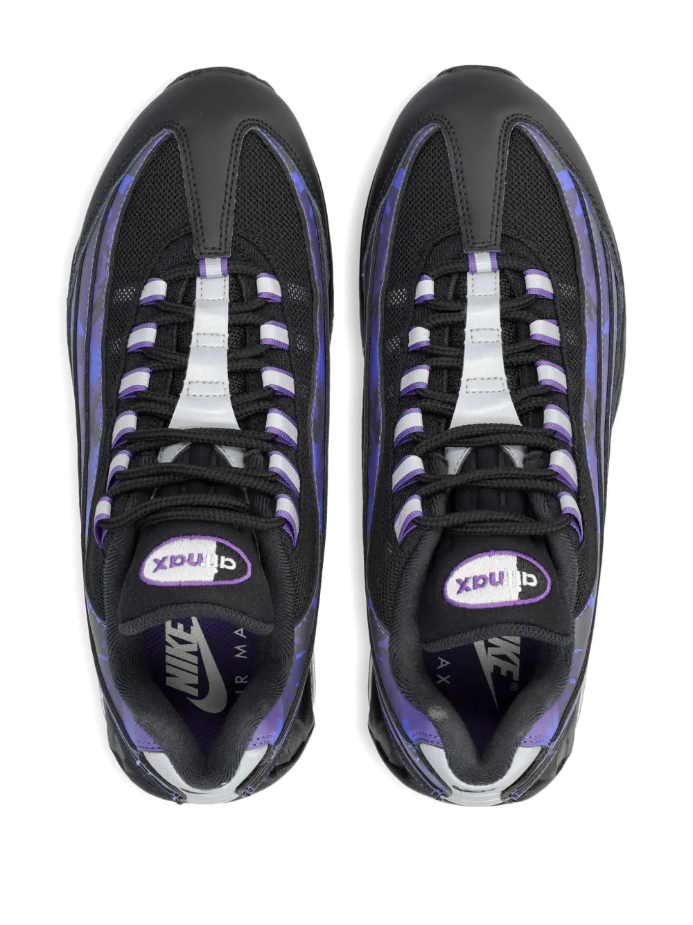 Nike Air Max 95 sneakers, black with white and purple striped laces, padded tongue detail