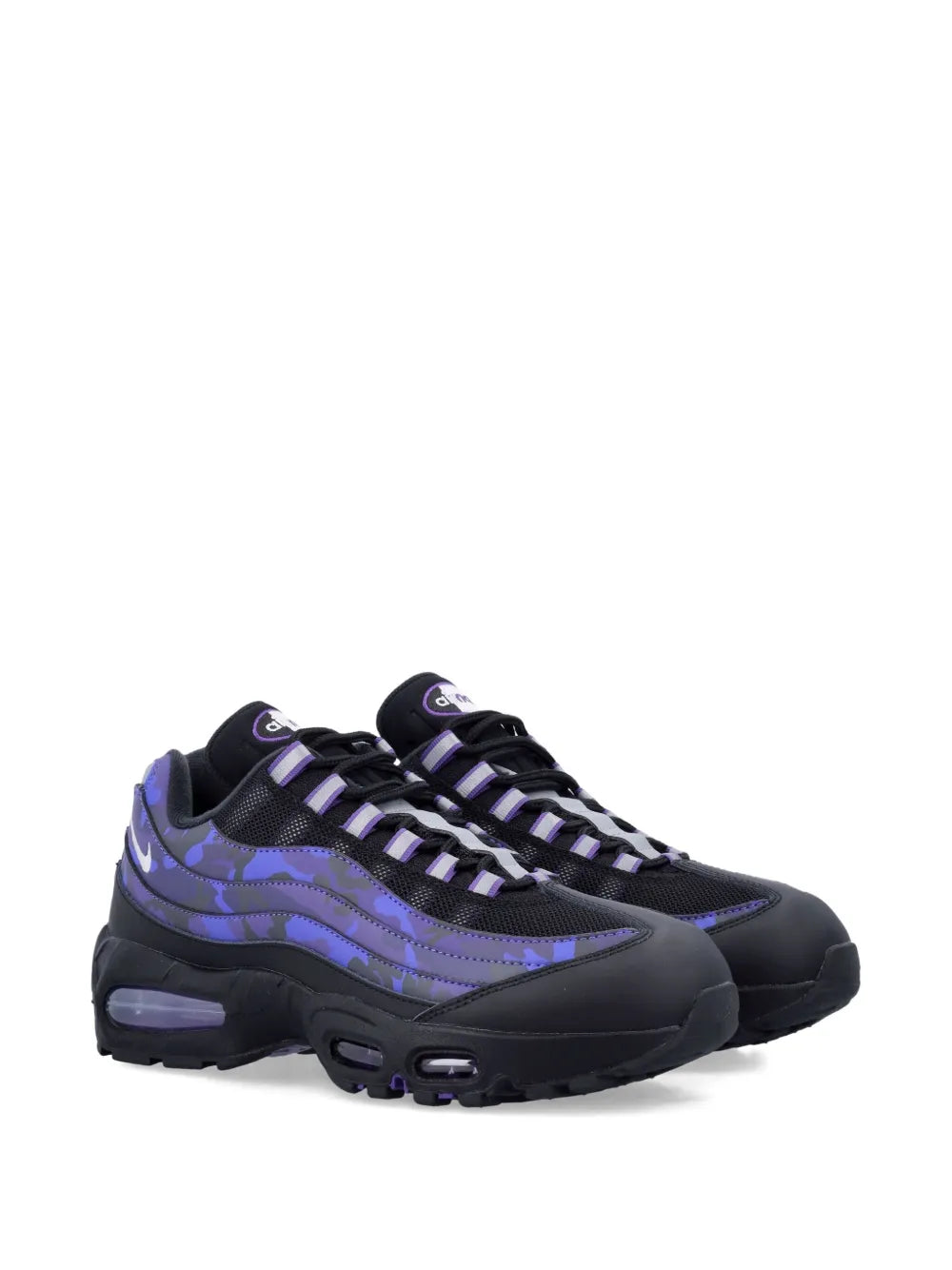 Nike Air Max 95 sneakers, black with purple-blue camo panels, lace-up with Air heel