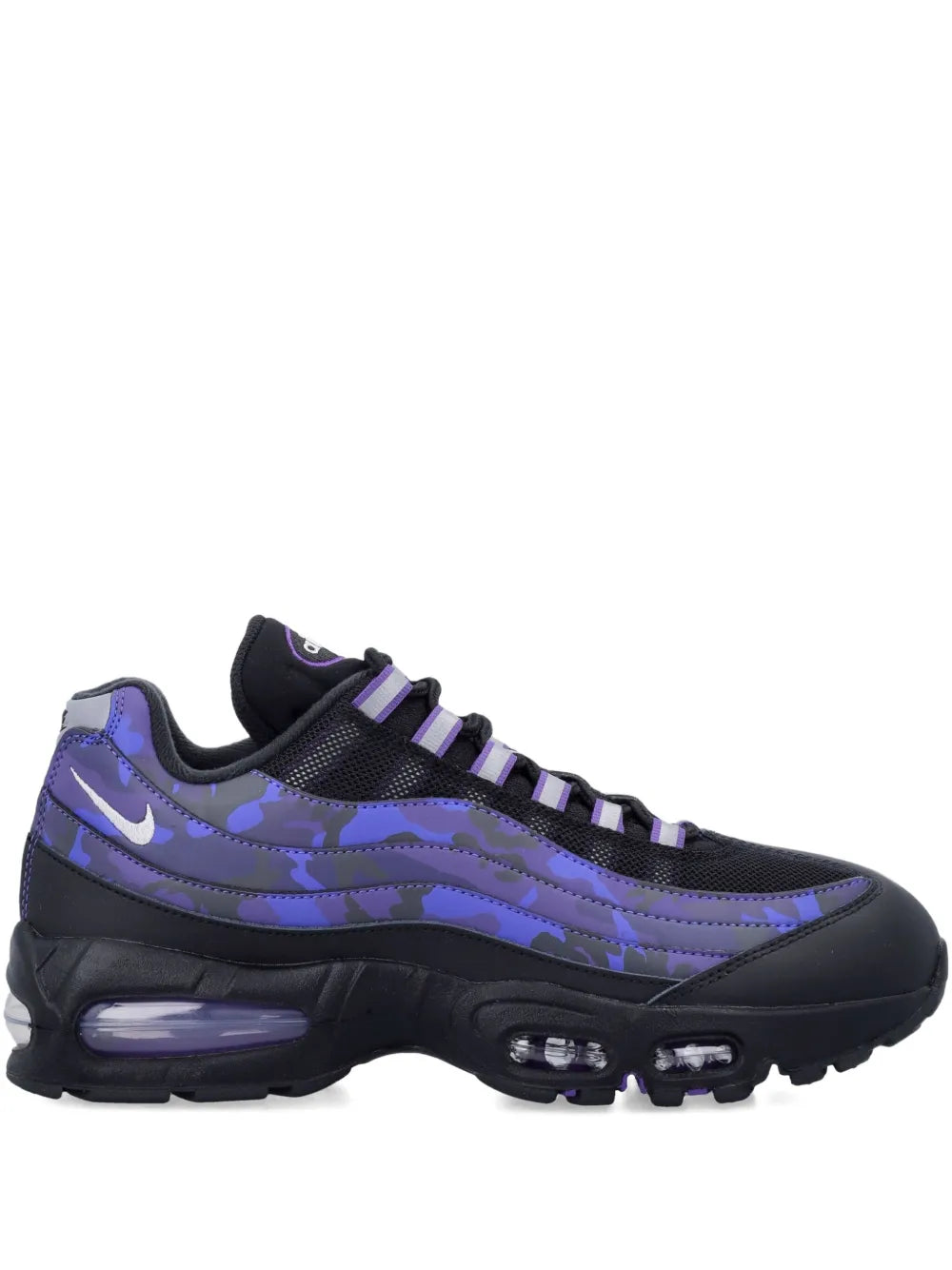Nike Air Max 95 sneakers, black upper with purple-blue camo and visible Air sole unit