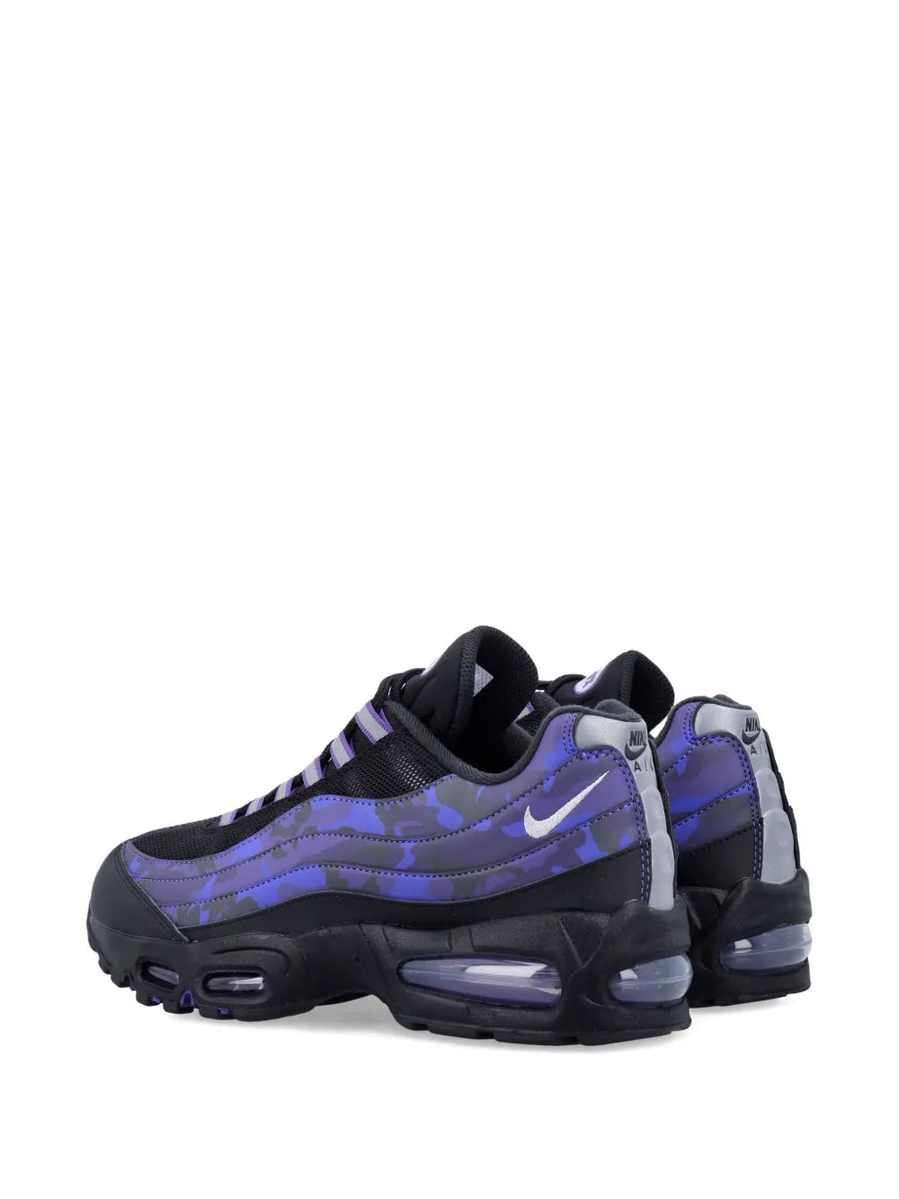 Nike Air Max 95 sneakers, black with purple-blue camo accents and Air cushioning heel