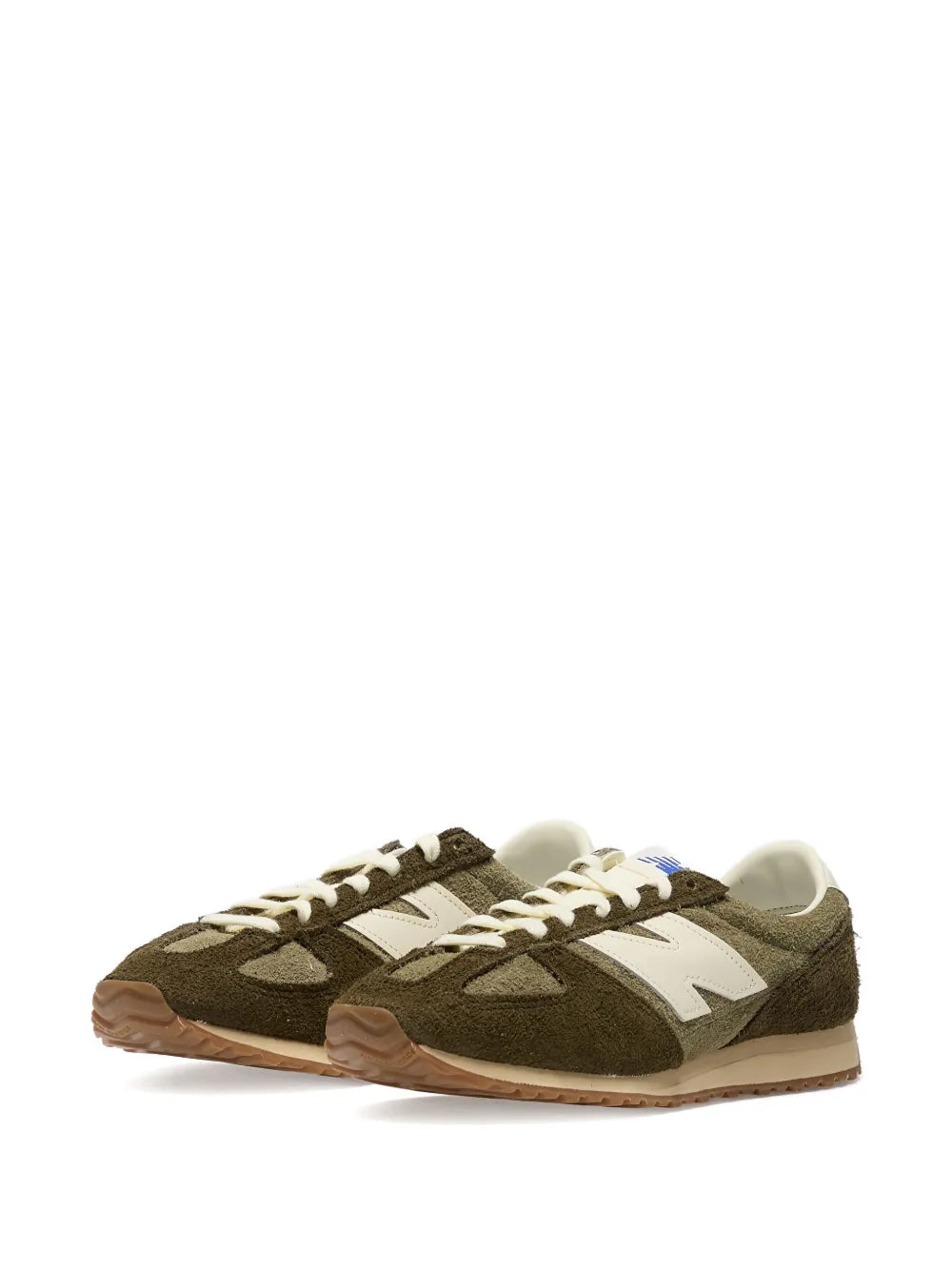 New Balance suede-leather sneaker, olive green side view with white "N" logo