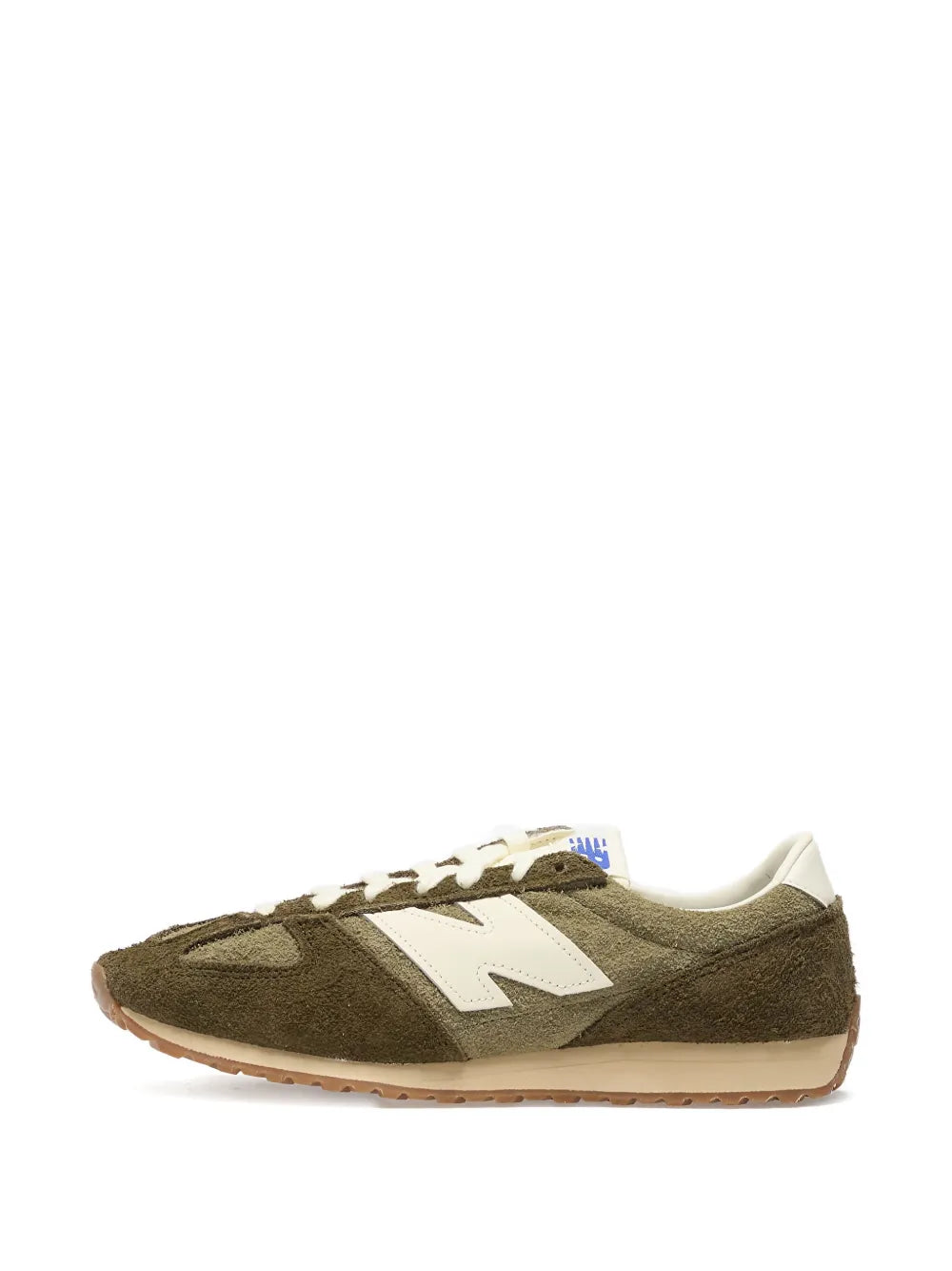 New Balance suede-leather sneaker, olive green low-top with white logo and laces