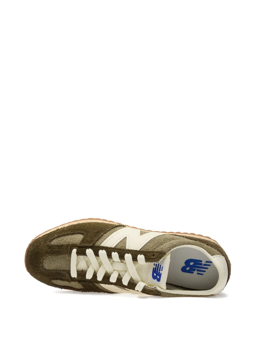 New Balance suede-leather sneaker, olive green heel and outsole with logo patch