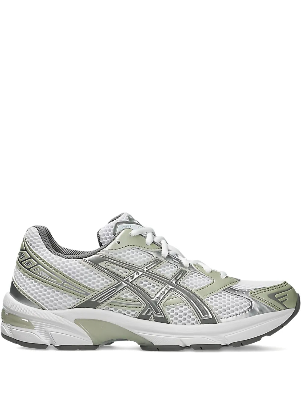 ASICS Gel-1130 running shoes in white with sage green accents, lace-up sneaker