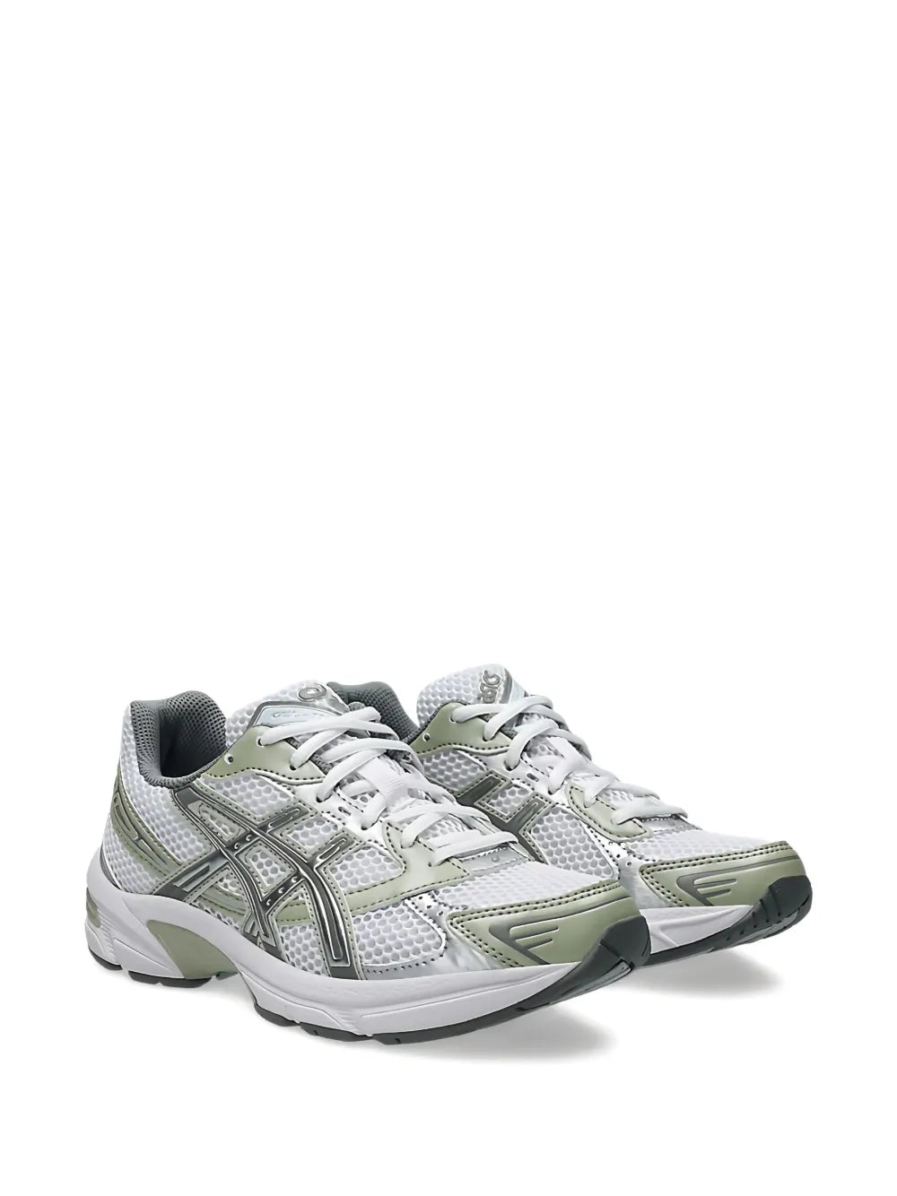 ASICS Gel-1130 running shoes, white mesh with sage green panel accents, lace-up