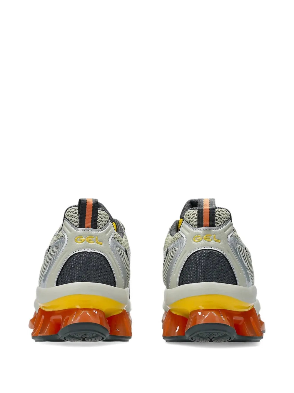 Back view of grey running shoes with orange heel GEL pods and yellow accents