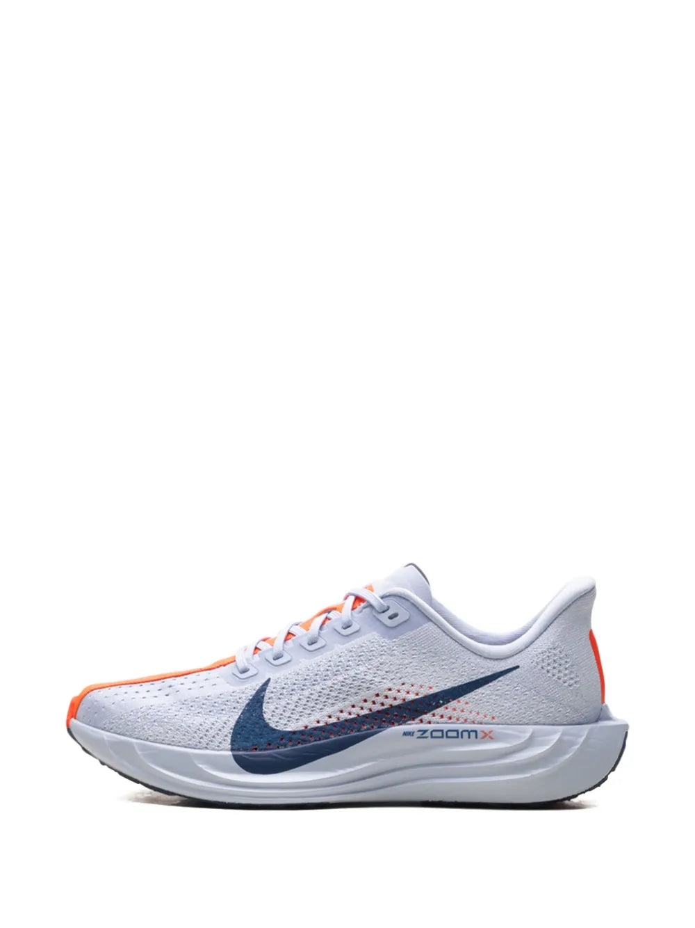 Light gray knit running shoe with navy swoosh, orange lace accents, cushioned sole