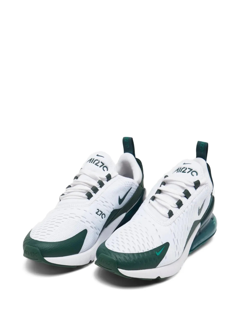 Nike Air Max 270 sneakers, white knit uppers with dark green laces and teal air pods.