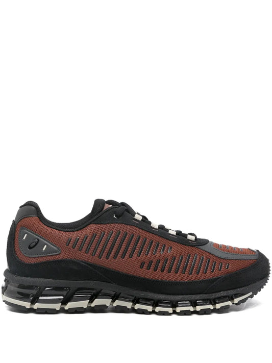 ASICS running sneaker with brown mesh upper, black accents, lace-up, and GEL sole