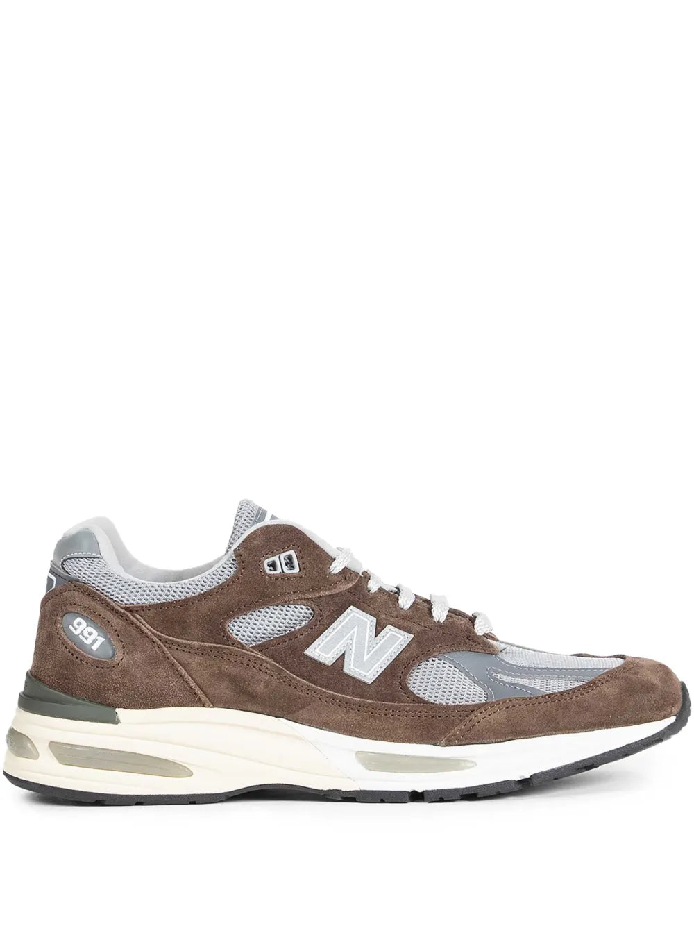 New Balance 991V2 running sneaker, brown suede and gray mesh with white laces