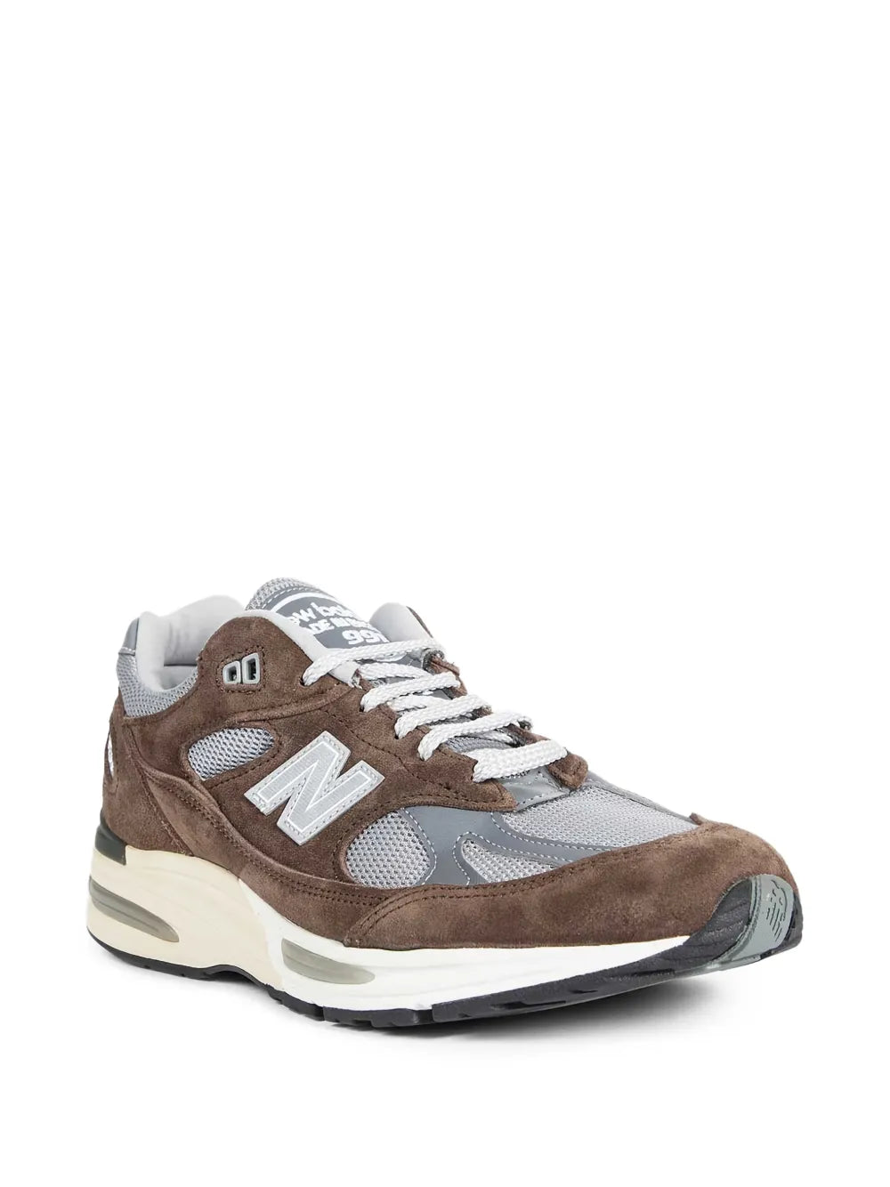 New Balance 991V2 running sneaker, brown suede and gray mesh with white outsole