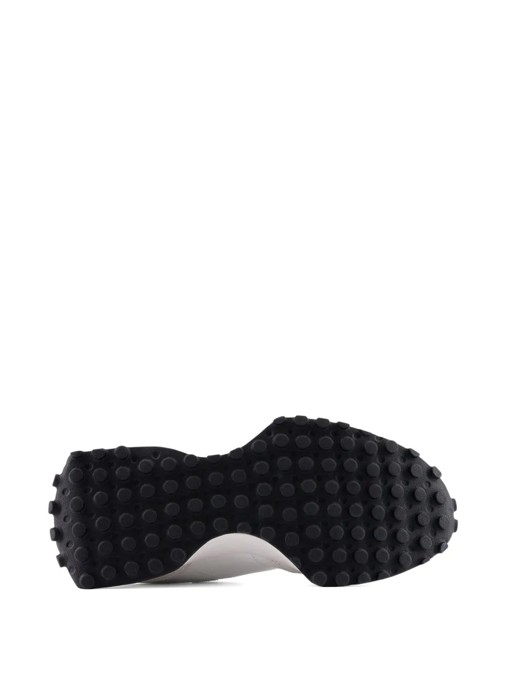 Shoe outsole view, black textured tread with white midsole edge