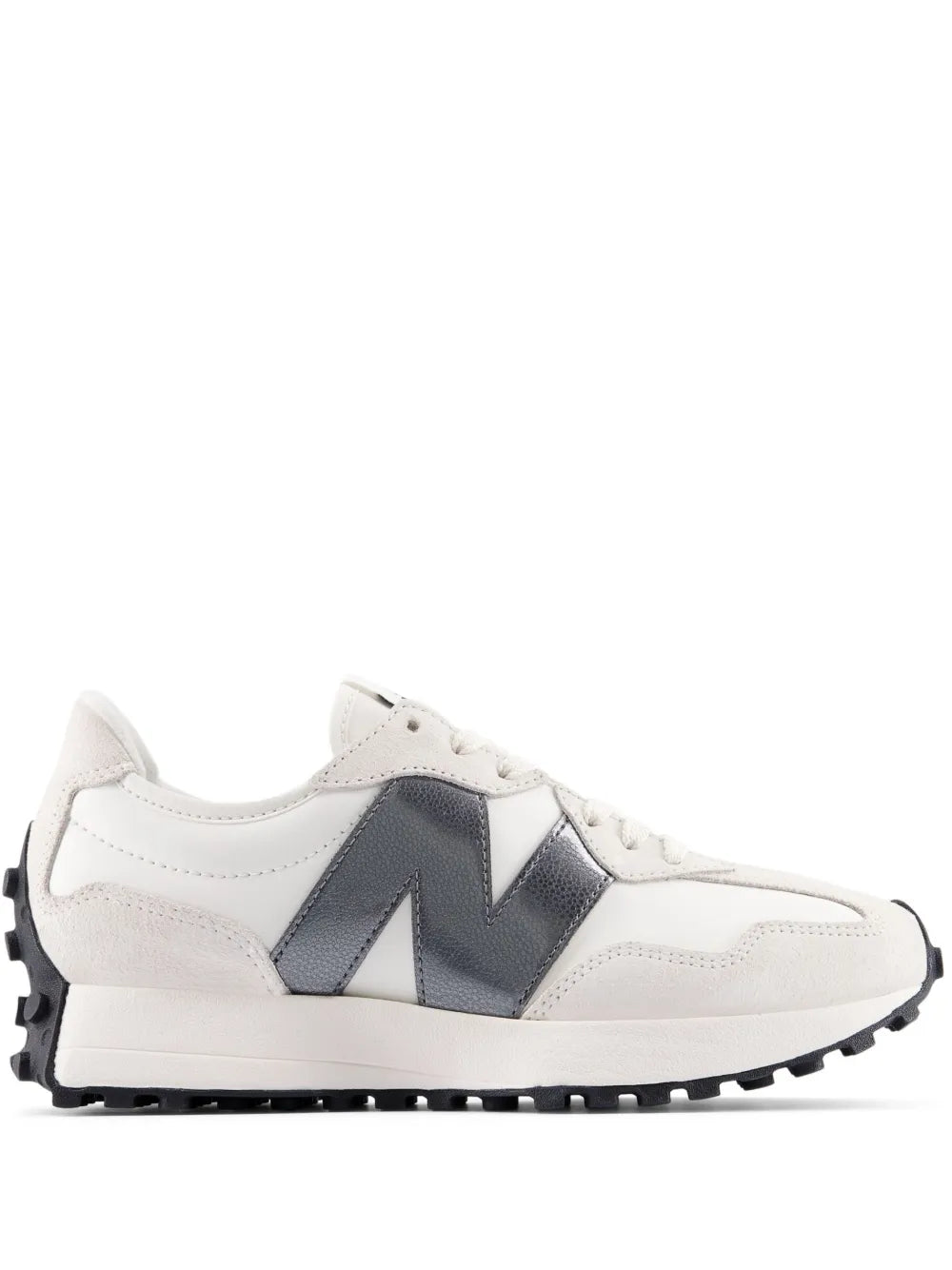 New Balance 327 low-top sneaker, white with navy logo and black outsole