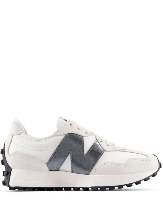 New Balance 327 low-top sneaker, white with navy logo and black outsole