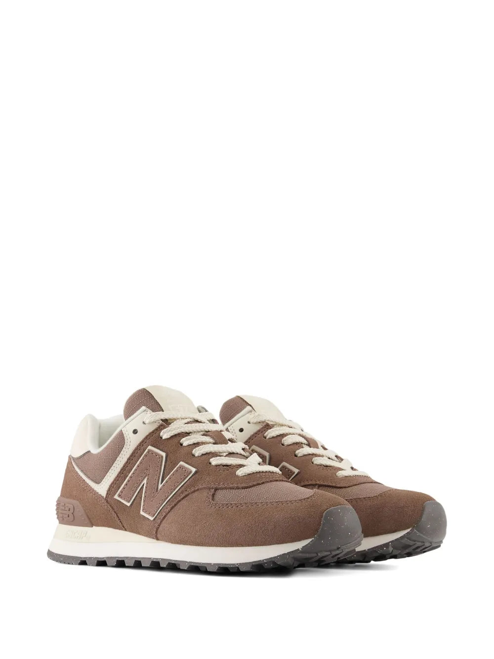 Brown New Balance 574 logo sneaker, side view, white laces and N emblem