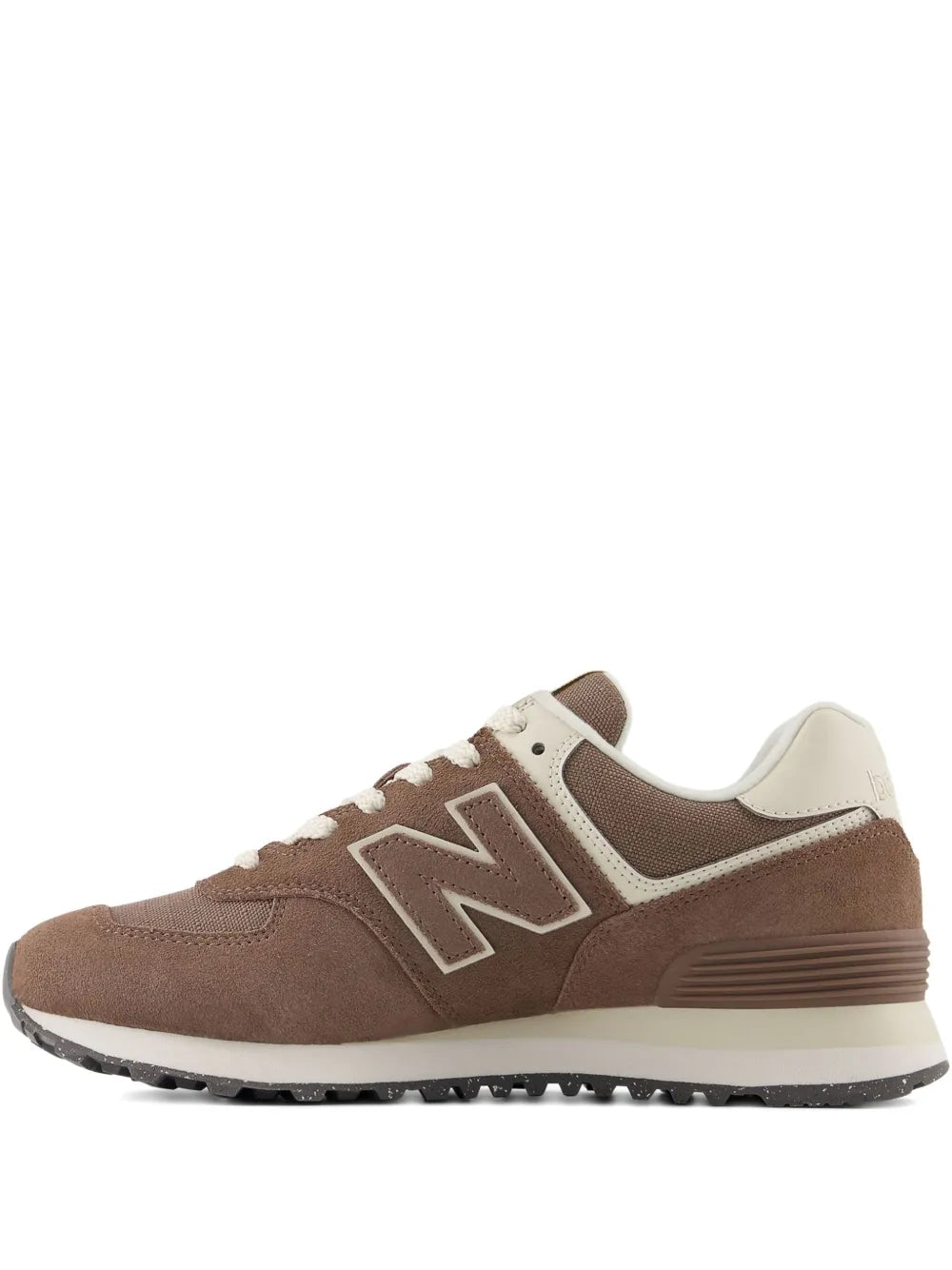 Brown New Balance 574 logo running sneaker with white N, laces, and textured sole