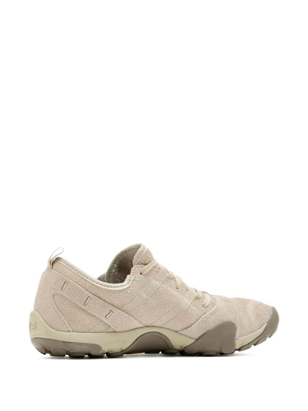 Beige New Balance suede lace-up sneaker, front three-quarter view