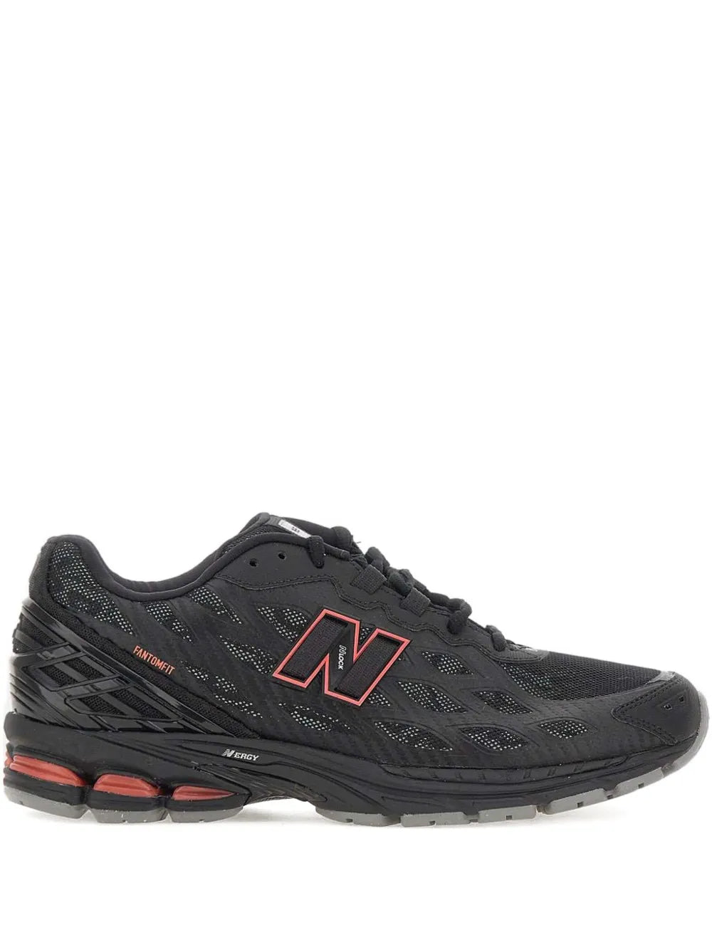 Black mesh athletic sneaker with red New Balance logo and black laces
