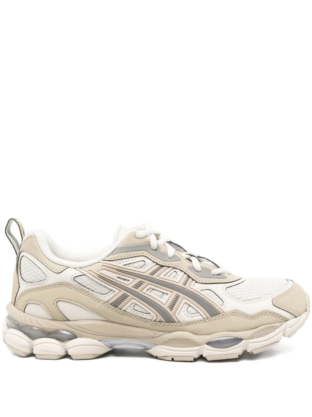 ASICS panelled sneakers, white with grey and beige panels, lace-up, chunky sole