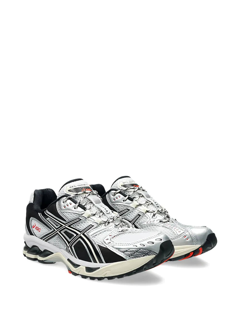Running shoe, white/silver mesh upper with black stripes, lace-up, rubber sole