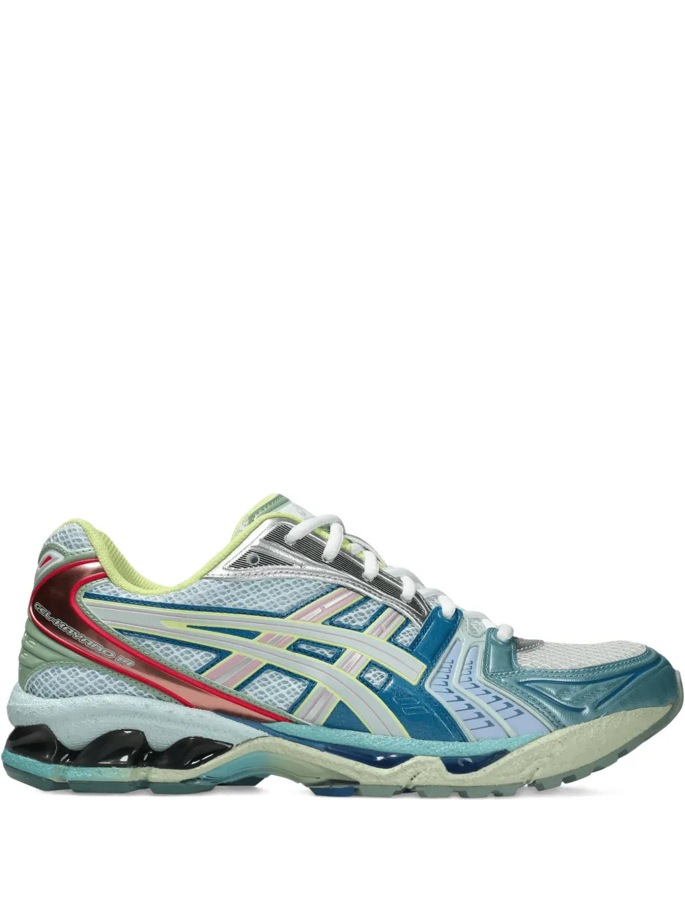 ASICS Gel-Kayano 14 running shoe, blue and white mesh with neon accents