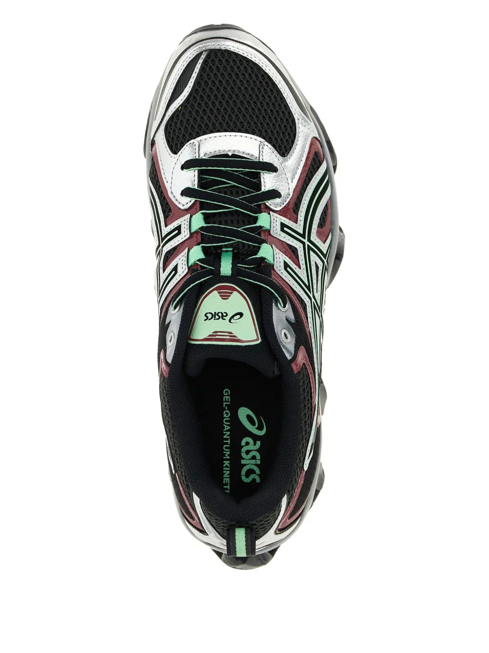 Black and white ASICS sneaker with green laces, mesh upper, GEL branding on insole