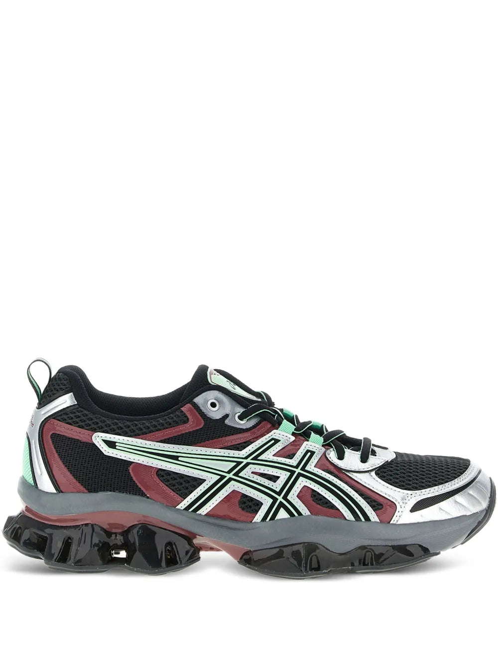 Black ASICS running sneaker with white stripes, red and green accents, GEL chunky outsole